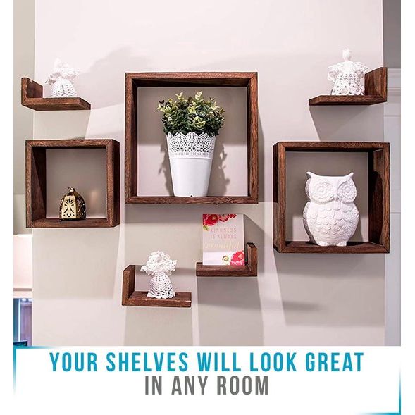 Rustieke zwevende planken voor wandmontage - rechthoeken - set van 7 - 3 rechthoekige planken en 4 L-vormige rustieke planken - inclusief schroeven en pluggen - rustieke wanddecoratie - bruin
