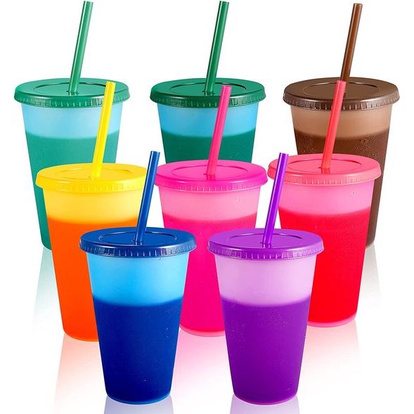 Kleurverandering beker drinkbeker met rietje en deksel - 470 ml plastic beker herbruikbare kinderbeker beker beker beker rijstbeker ijskoffie koud drinken smoothie sap koffiebeker - 8 stuks verpakking