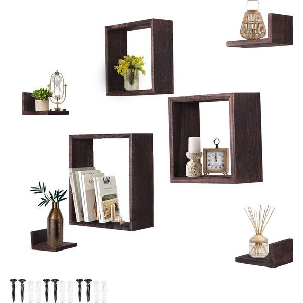 Comfify Rustieke Wand Gemonteerde Vierkante Drijvende Planken Set van 7 3 Vierkante Planken en 4 Rechthoekige Rustieke Planken Schroeven en Ankers Inbegrepen Rustieke Wand Décor Rustieke Wand Décor Bruin