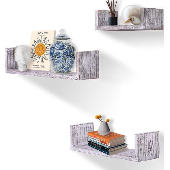 Rustieke zwevende plank in U-vorm in vintage design - set van 3 - inclusief schroeven en pluggen - houten planken van landhuis voor slaapkamer, woonkamer en meer - rustiek design - wit