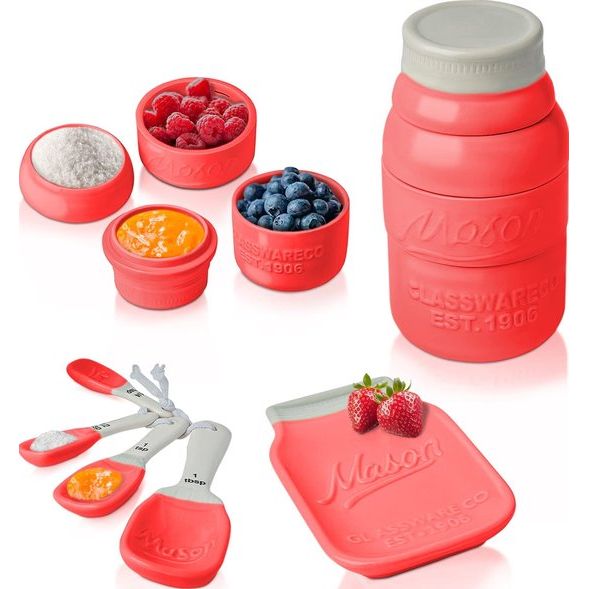 Vintage Mason Jar Kitchenware Set van Comfify Multi-Piece Kitchen Ceramic Décor Set met 4 maatbekers, 4 maatlepels en Spoon Rest Aantrekkelijke Vintage Style, in koraal Embossed Ceramic