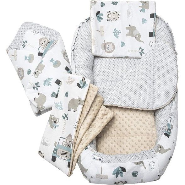 5-delige babynestjeset, babynestje, 100 x 60 x 15 cm, uitneembaar inzetstuk, knuffelnest, kruipdeken voor baby's, pasgeborenen, 100% katoen (mint zoo met beige minky)