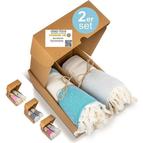 Strandhanddoek, XXL, saunahanddoek, set van 2, 100 x 180 cm, 100% katoen, Oeko-Tex-gecertificeerd, hamamhanddoeken, grote badhanddoek, sauna, peshtemal, handdoek voor strand en baden (turquoise/grijs)