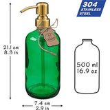 Zeepdispenserset van groene glazen fles met 304 roestvrijstalen pompkop in geborsteld goud (2 stuks van elk 500 ml)