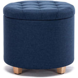 Opbergkruk, ronde zitting met deksel, zitkist, voetenbank opbergkist, linnen, 44 l, 45 x 45 x 41 cm, marineblauw