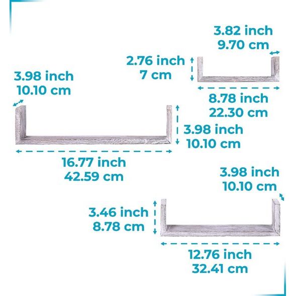 Rustieke zwevende plank in U-vorm in vintage design - set van 3 - inclusief schroeven en pluggen - houten planken van landhuis voor slaapkamer, woonkamer en meer - rustiek design - wit