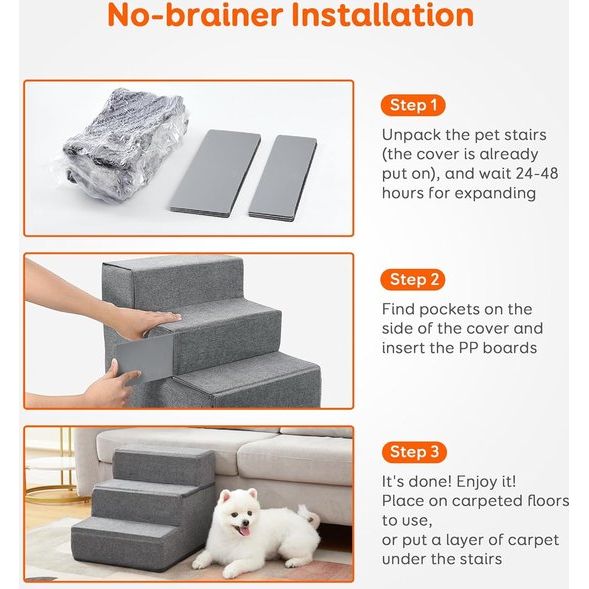 Hondentrappen en kattentrappen, 3-traps ontwerp met schokabsorberend schuim en zeer sterke houten planken, perfect voor bed en bank, antislip, afneembare en wasbare hoes, grijs