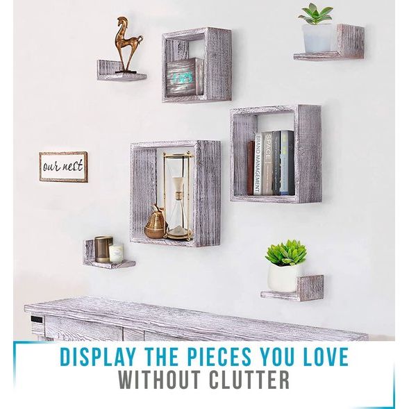 Comfify Rustieke Wand Gemonteerde Vierkante Drijvende Planken Set van 7 - 3 Vierkante Planken en 4 Rechthoekige Rustieke Planken Schroeven en Ankers Inbegrepen Rustieke Wand Décor Rustiek Wit