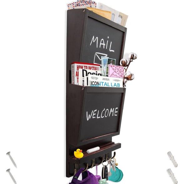 Rustieke postsorteerder met 2 vakken voor aan de muur met krijtbord & 3 dubbele sleutelhaken - houten wandhouder - wanddecoratie voor de entree van Paulownia hout - donkerbruin