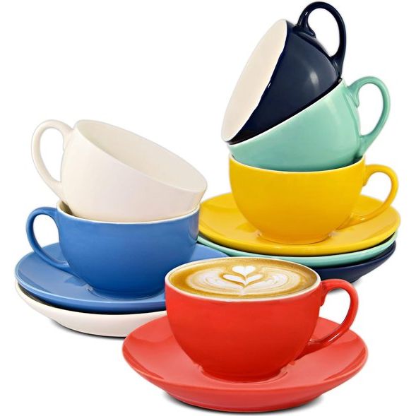 Cappuccinokopjes met schotels, kleurrijk keramiek, geschenkdoos, houdt koffie lang warm, 180 ml, set van 6