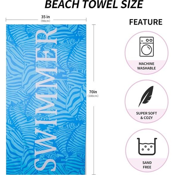 Strandhanddoek, groot, microvezel handdoek, 180 x 90 cm, zandafstotend, sneldrogend, microvezel, strandhanddoek, groot, voor strand/zwembadzijde/strandstoelen (zwemmer-blauw)