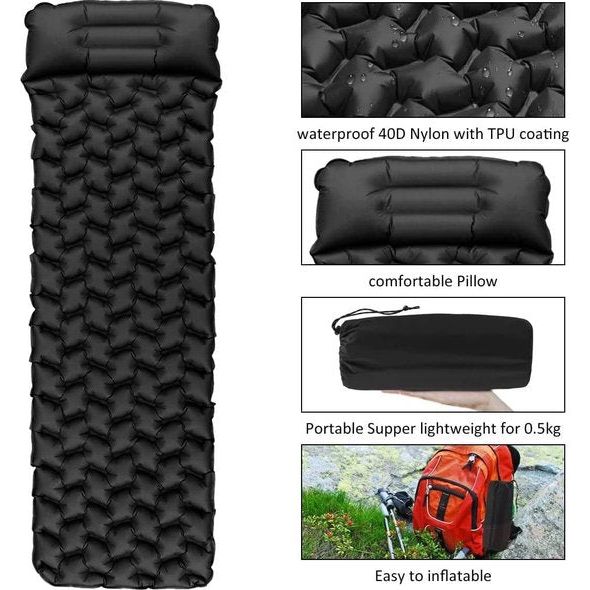 Camping Ultralichte outdoor camping isomat opblaasbaar met kussen, waterdicht opvouwbaar luchtmatras, kleine verpakkingsmaat, campingmat voor camping, sport, wandelen, reizen, backpacking