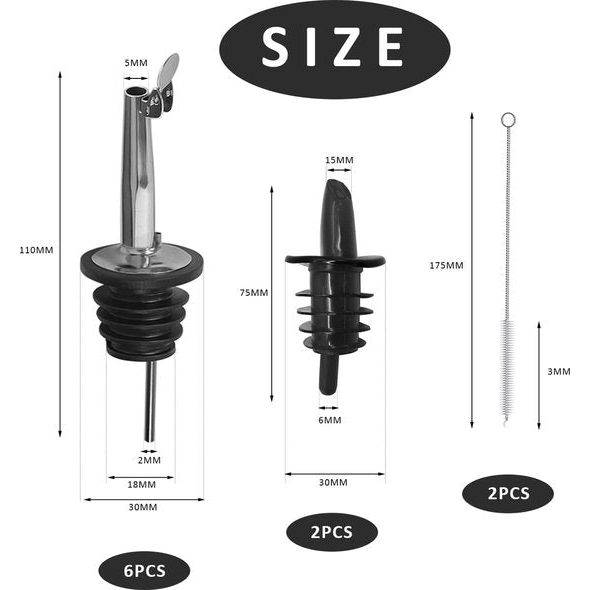 6 stuks roestvrijstalen schenktuit en 2 stuks rubberen schenktuit, olijfolie siroop azijn fles schenktuit, cocktail rode wijn champagne bierflesstopper, met 2 reinigingsborstels.