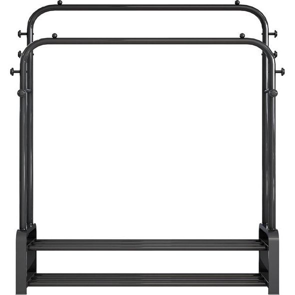 Multifunctionele vrijstaande kledingstandaard met dubbele hengeldesign kleerhangers, 8 haken en 2 schoenenrekken voor slaapkamer, kapstok, zwart