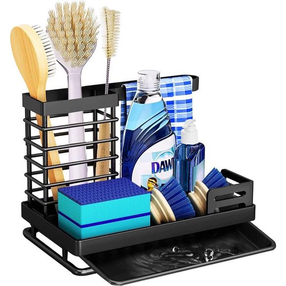 Gootsteenorganizer, keukenorganizer, roestvrijstalen vaatdoekhouder, spoelbakorganizer, keukensponshouder met lekbak voor keukenborstel, vaatdoek, gootsteenorganizer, keuken en badkamer