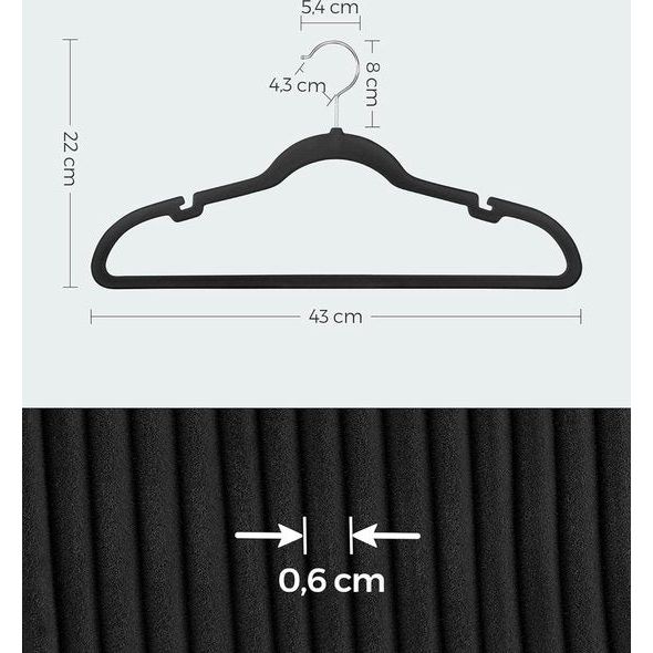 Kleerhangers fluweel, set van 30, antislip, met inkepingen op de schouders, brug voor broeken, 360° draaibare haak, ruimtebesparend, 0,6 cm dik, 43 cm breed, zwart