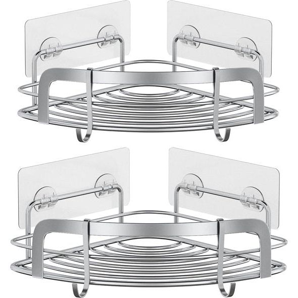 Doucheplank zonder boren, doucheplank, 2 stuks met 4 haken, roestvrijstalen wandgemonteerde badkamerplank, badkameraccessoires, shampoohouder voor douche