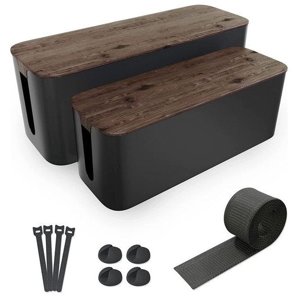 Box Zwart [Set van 2] Large & Medium ABS Plastic met Wood Effect Deksel & Rubberen Voetjes - Cable Box Set Inclusief Kabelhouder, Kabelbinders & Kabelslang om Kabel te Verbergen