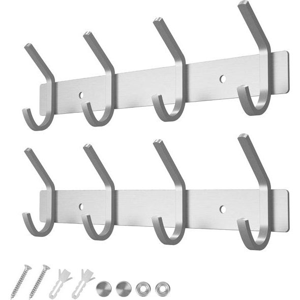 Garderobe haken, 4 haken, garderobe frame, geborsteld roestvrij staal, voor jassen, Jurken, draagvermogen tot 20 kg, haak frame voor hal en vestibule, 27 cm (Zilver, 2 stuks)