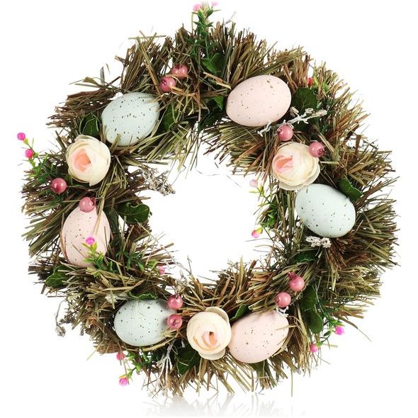 Paaskrans met bloemen en eieren, decoratieve tafelkrans, deurkrans met ophanghaak. Translation: Paaswreath met bloemen en eieren, decoratieve tafelwreath, deurwreath met ophanghaak.
