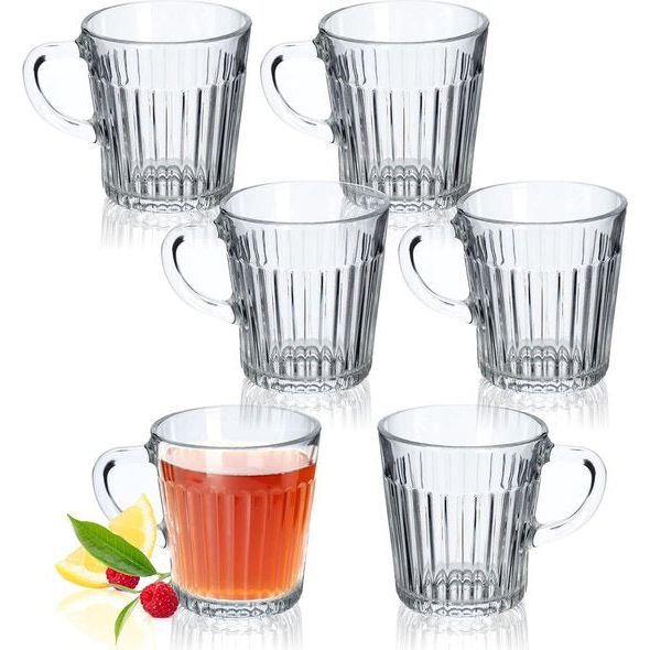 Theeglazen, set van 6 glazen met handvat, vaatwasmachinebestendig, drinkglazen voor koffie, thee, water, sap, drink, tuin, sapglazen, waterglazen, glazenset, glazen kopjes (Birgit, 250 ml)