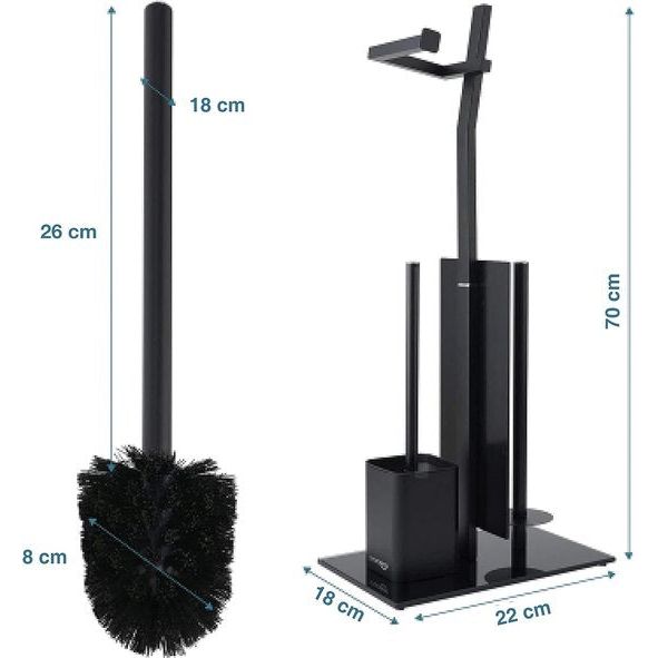 Toiletrolhouder, verchroomd roestvrij staal, glazen voet - Afmetingen: 32 x 20 x 70 cm - Eenvoudig te monteren - Inclusief toiletborstel