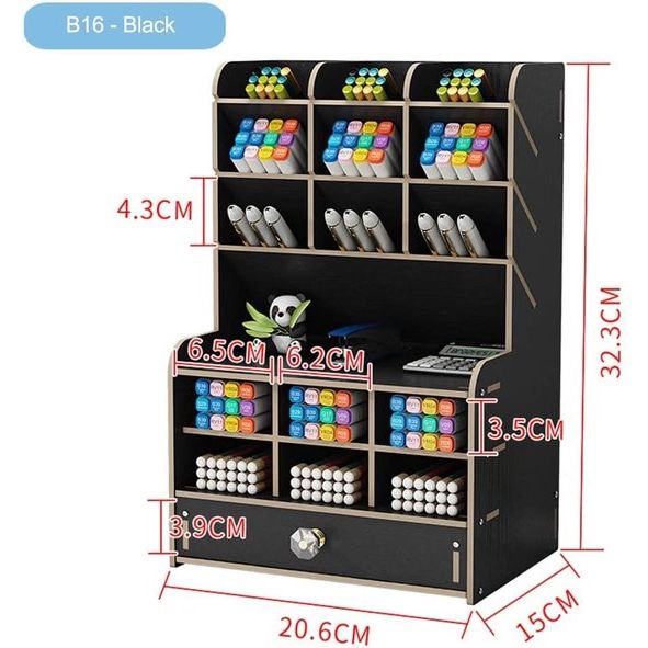 Bureau-organizer van hout met lade, grote capaciteit, opbergdoos, bureau-opbergrek, pennenorganizer, caddies voor kantoor, thuis en schoolbenodigdheden (B16-zwart)