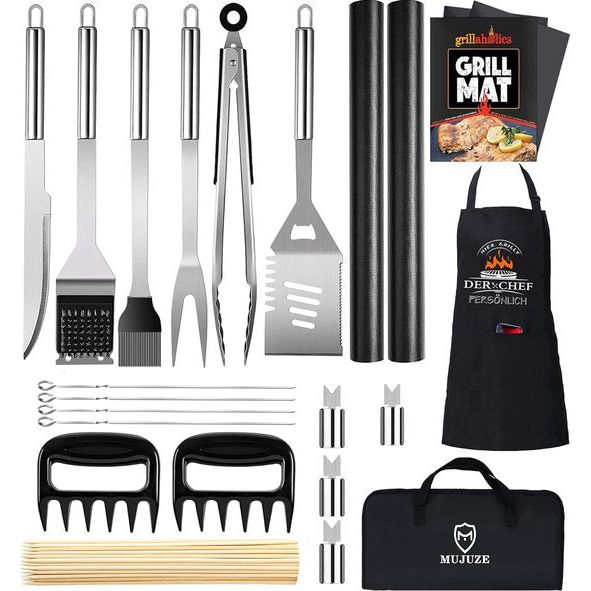 Grillbestek-set, grillaccessoires voor mannen, cadeau, roestvrij stalen grillkoffer set van 21, barbecue-accessoires met grilltang, grillspatel en grillschort, BBQ grillset, ideaal voor outdoor en