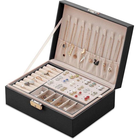 Sieradendoos, dubbellaags PU-leer voor dames, opbergdoos voor ringen, oorbellen, armbanden, kettingen, sieradenorganisator, geschenkdoos voor meisjes, vrouwen