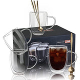 Dubbelwandige glazen koffiemokken met 4 lepels, 11oz set van 4 geïsoleerde glazen koffiemokken met handvat, heldere koffiemokken voor cappuccino, espresso, latte, thee, hittebestendige glazen om te drinken