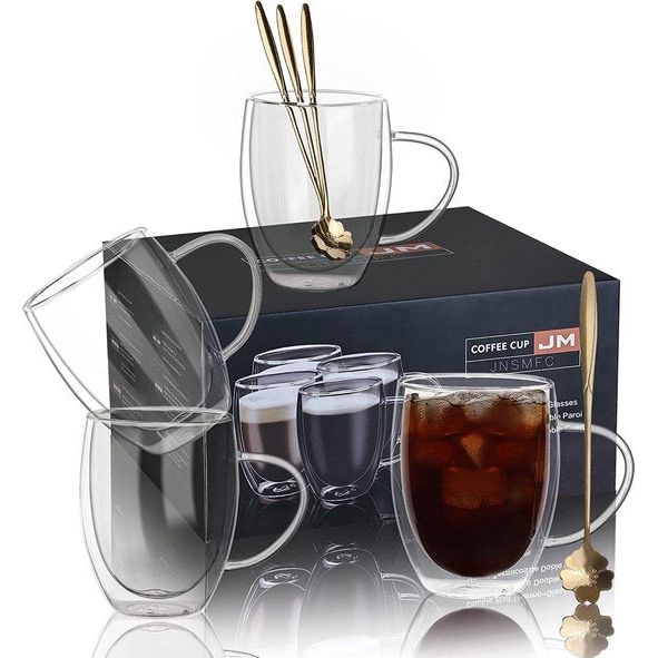 Dubbelwandige glazen koffiemokken met 4 lepels, 11oz set van 4 geïsoleerde glazen koffiemokken met handvat, heldere koffiemokken voor cappuccino, espresso, latte, thee, hittebestendige glazen om te drinken