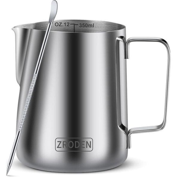 Melkkannetje roestvrij staal, 350 ml 600 ml melkkan met latte art pen, melkschuimkannetje, melk, voor espresson, cappuccino en laté, koffie barista accessoires, zilver