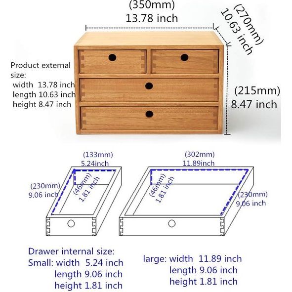 Houten bureau-organizer met schuifladen, voor thuiswerkplek, kantoorbenodigdheden, houten opbergbox, plankkast, houder, make-upkast met 4 laden, naturel