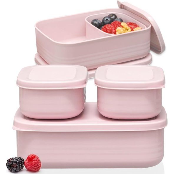 Broodtrommels, lchboxset, 1 x 900 ml + 2 x 280 ml, broodtrommel met vakken voor kinderen en volwassenen, te gebruiken als boterbroodtrommel, broodtrommel (roze, 1 x 900 ml, 2 x 280 ml)