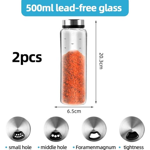 Kruidenpotjes, 500 ml, met draaideksel, 2 stuks borosilicaatglas, kruidenstrooier met 3 soorten roestvrijstalen kruidengaten, horen voor keuken, eetkamer, barbecue in de open lucht