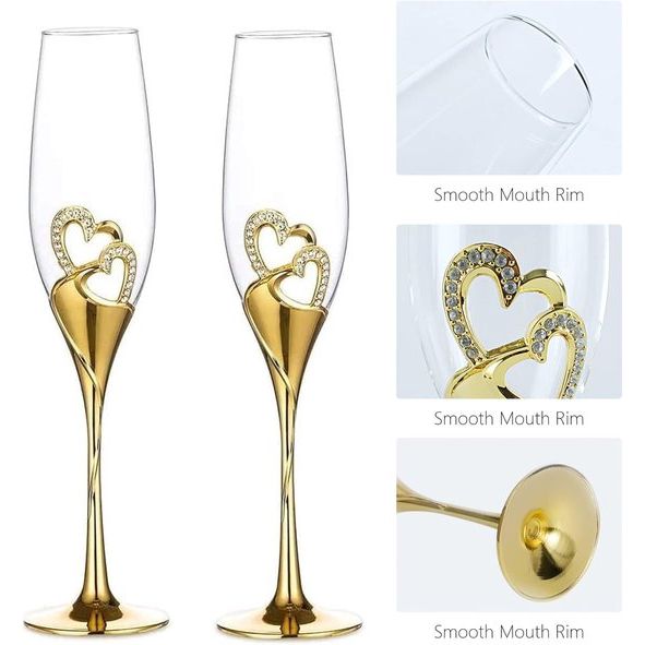 Bruiloft Champagnebekers Roosteren Fluitglazen voor Bruid en Bruidegom Creatieve Deluxe Glazen Bekers met Strass Omrand Hart Decoratie Cadeauset