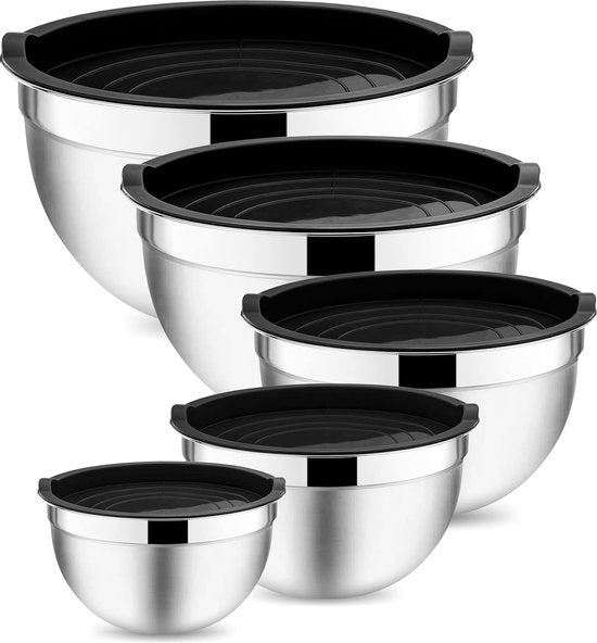 Mengkom, 5-delige roestvrijstalen slakommenset met luchtdicht deksel, perfect voor bakken, koken, bereiden, stapelbaar en vaatwasmachinebestendig, 4,6/2,8/1,6/1,2/0,7 l - zwart