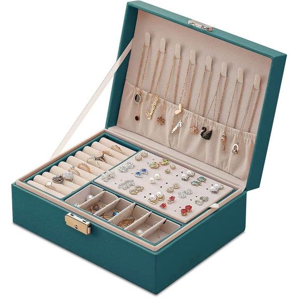 Sieradenkistje voor dames, PU-leer, juwelendoosje, fluweel, sieradendoosje, PU-leer, juwelendoosje met sleutel, voor vrouwen, ringen, oorbellen, armbanden, halskettingen, sieradenorganizer