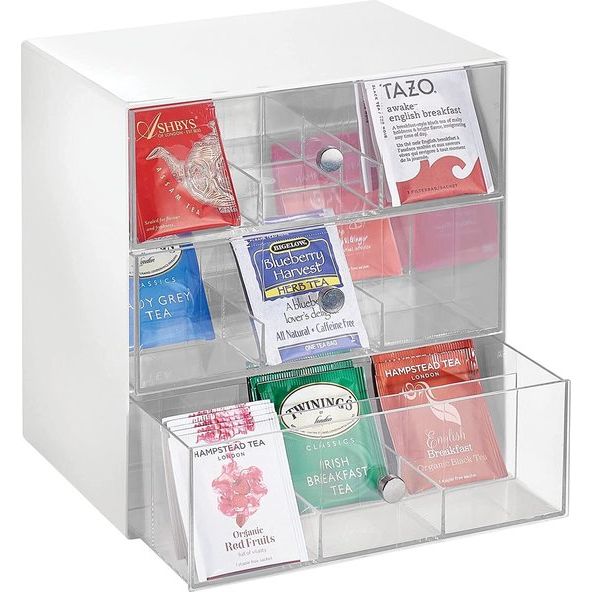 Keukenorganizer met 3 lades, opbergdoos voor theezakjes, Koffiepads, Zoetstoffe en meer, transparante toonbank