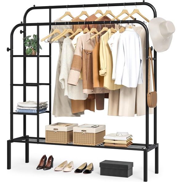 Kledingrek, multifunctionele kapstok van metaal met 3 lagen zijplanken, 1 laag vloerplanken en 4 haken, geschikt voor slaapkamer en woonkamer
