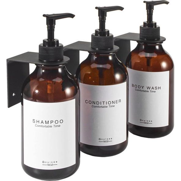 Shampoo- en conditionerdispenser voor douchewand 3 kamers, hervulbare shampoo- en conditionerflessen met waterdichte etiketten, zeepdispenser met pompen (3 flessen 3 wandhouders - bruin)