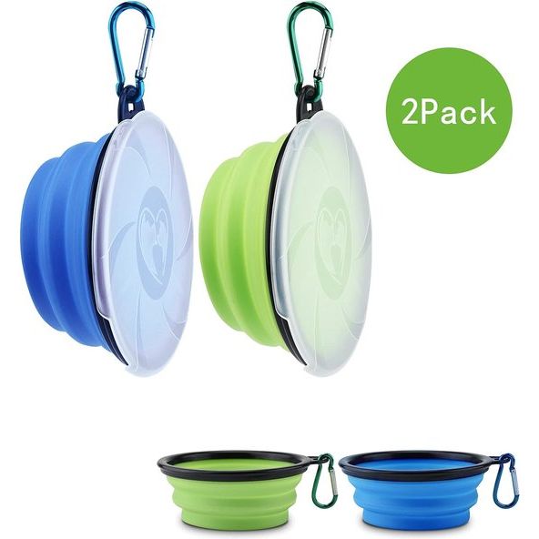 Set van 2 opvouwbare hondenbakken, reisbak voor huisdieren met deksel en haak, draagbare siliconen voerbak, hondenbak voor reizen, wandelingen, kennel, kamperen (450 ml, blauw en groen)