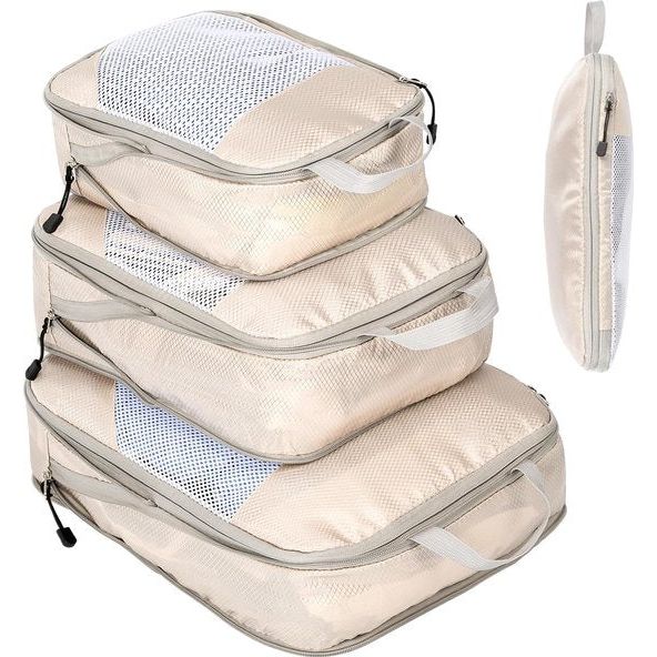 Kofferorganizer, Packing Cubes, compressiekoffer, organizer, set, waterdichte kofferorganizer, paktassen voor koffer, reizen, benodigdheden, uitbreidbaar, reistas, organizer voor handbagage, beige, 3