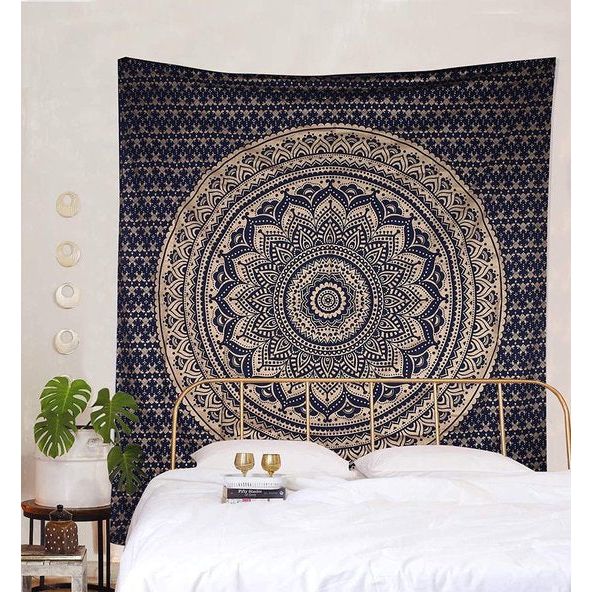 Origineel Goud Ombre Wandtapijt Mandala Wandtapijt Muurkunst Hippie Muurophangende Boheemse Sprei met Metallic Glans Wandtapijten 215 x 230 cm Blauw