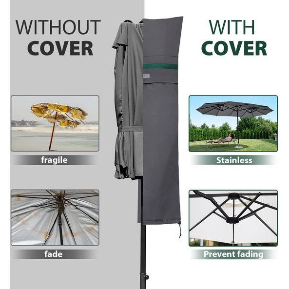 Dubbele parasol beschermhoes met staaf, afdekhoezen voor tuinscherm met ventilatieopeningen, afdekking voor ovale parasol, marktparasol, balkonscherm, 100% polyester, donkergrijs