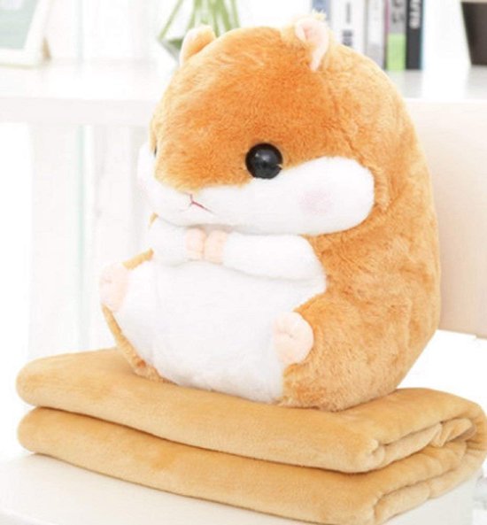 2 in 1 Hamster Knuffel Knuffel Hamster Kussen met Knuffeldeken Super Leuk Cadeau voor Kinderen en Vriendinnen 50cmX30cm (Lichtbruin)