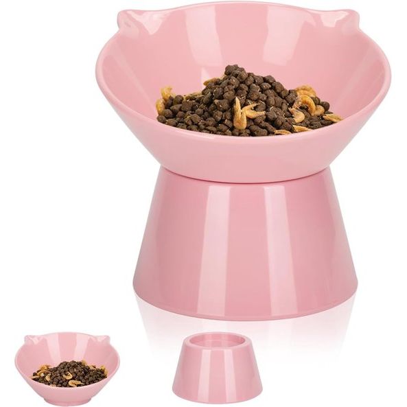 Kattenbak, kattenvoerbak, verhoogd met 15° kanteling, anti-braken kattenbakken voor voedsel en water, roze