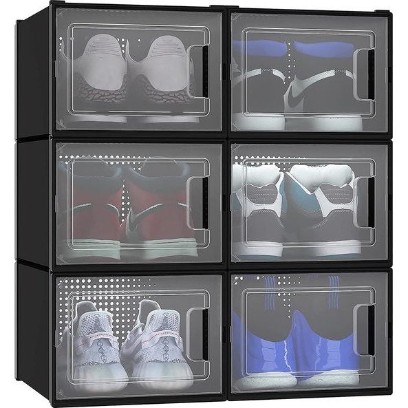 Schoenendozen, set van 6, schoenendoos stapelbaar, stabiel, opbergdozen voor schoenen met transparante deur en ventilatiegaten, voor schoenen tot maat 46, stapelbare schoenendoos zwart