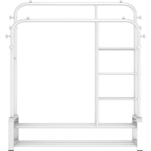 Kledingrek, vrijstaande dubbele stangen, kledingstang, met 8 haken, 3 lagen zijplanken en 2 lagen schoenenrekken, multifunctionele kapstok in wit voor de slaapkamer