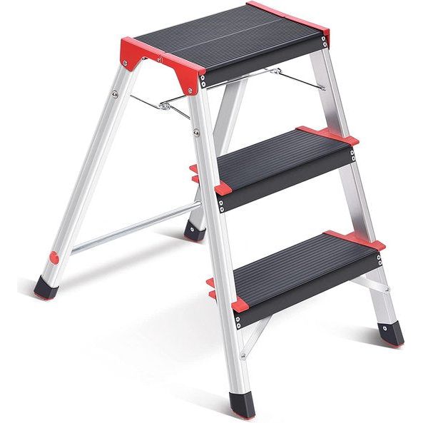 Kingrack Aluminium trapladder 3 stappen, lichtgewicht opstapkruk met breed platform, multifunctionele en antislip opvouwbare stapkruk, maximale belasting 150 kg